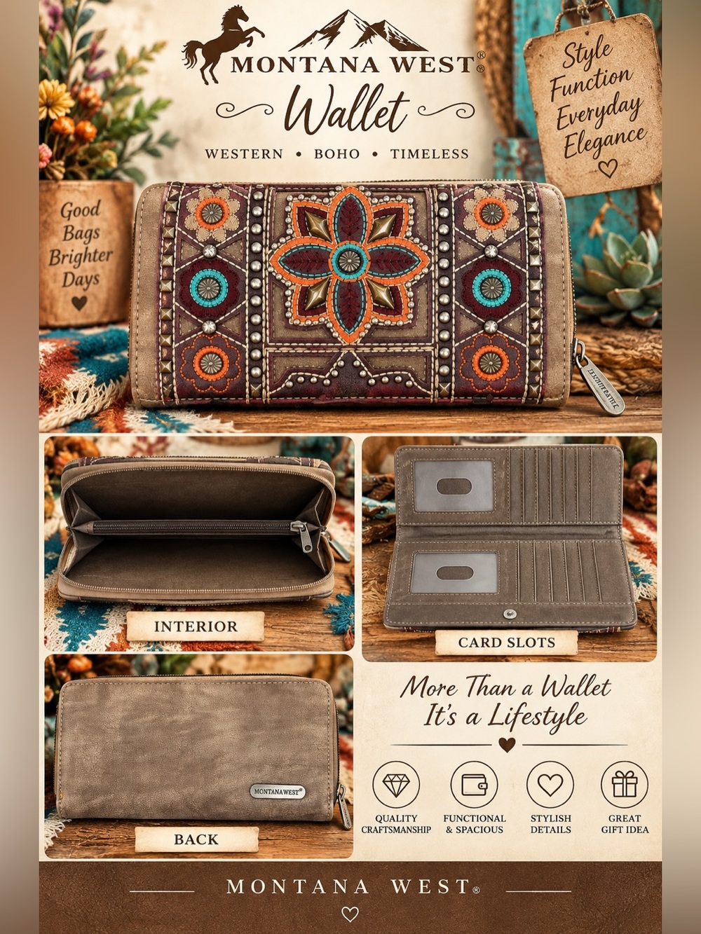Montana West Brown Wallet with Turquoise & Orange Embroidery